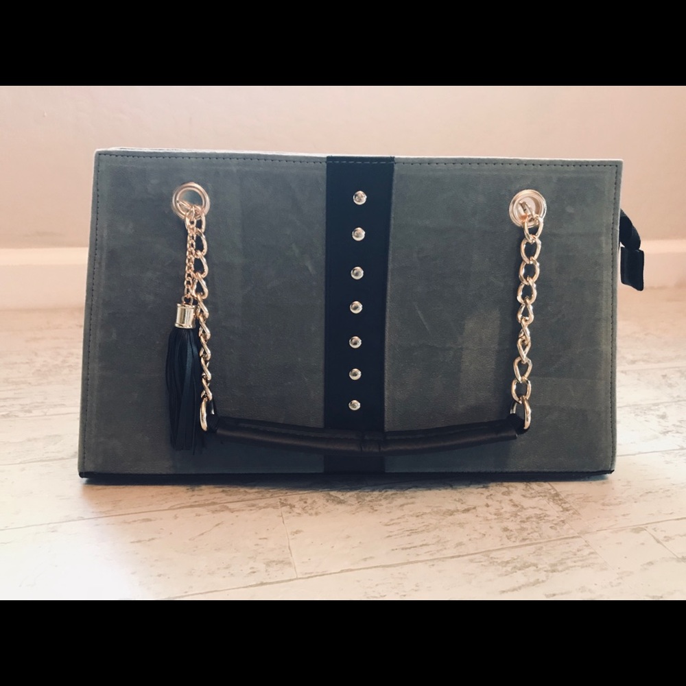 Gray Purse with Black and Gold Details